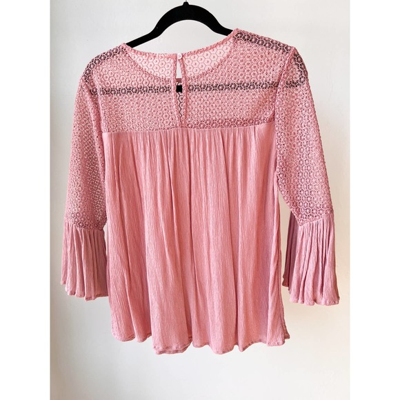 LOFT Women's Pink Lace Yoke Half Bell Hem Sleeve Boho Flowy Blouse size S/M - Picture 4 of 7